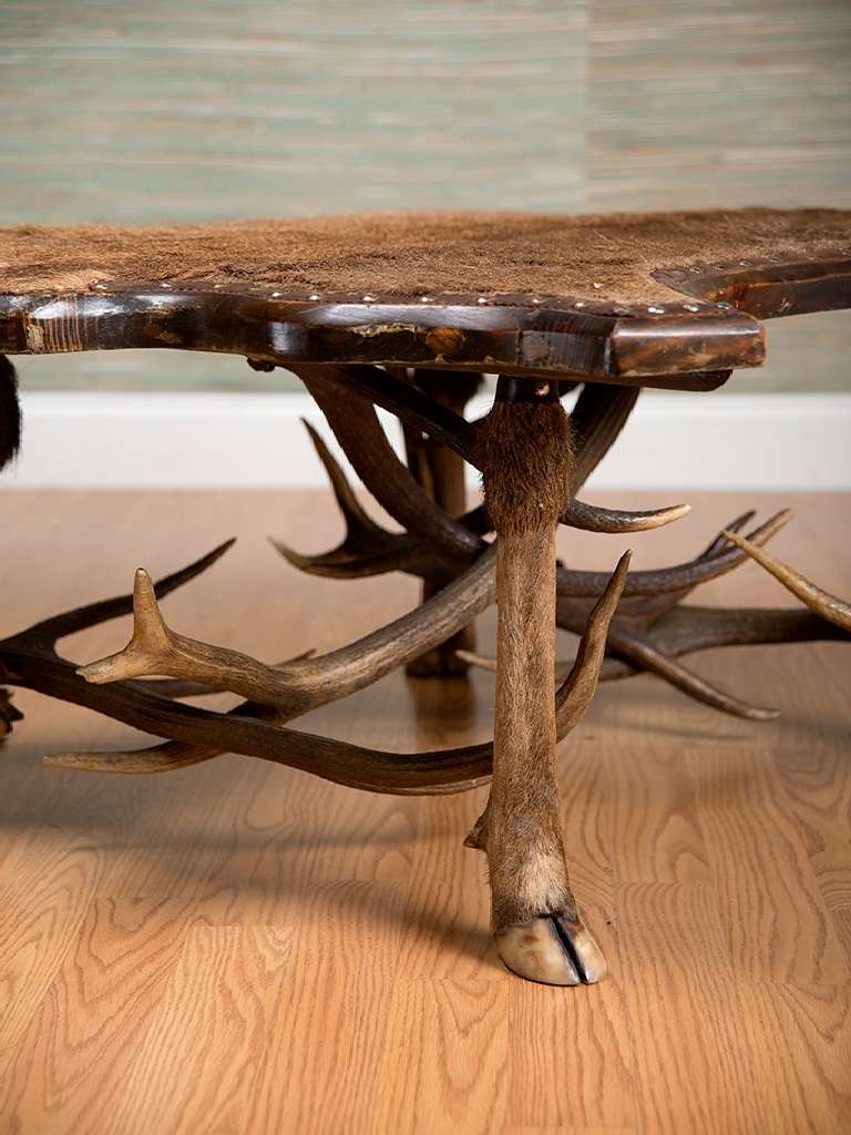 Vintage Fur-Covered Coffee Table with Antler Stretchers 1