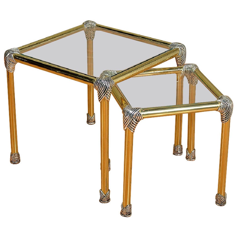 Vintage French Set of Brass and Glass Nesting Tables For Sale