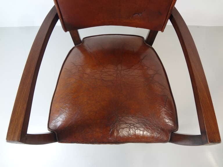 Pair of Antique French Leather Bridge Chairs For Sale 3