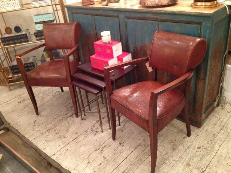 Pair of Antique French Leather Bridge Chairs For Sale 5