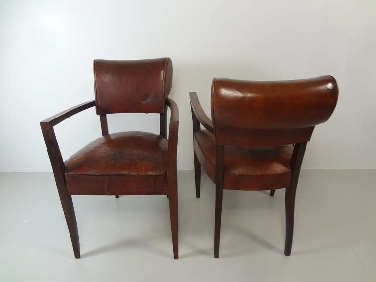 Mid-20th Century Pair of Antique French Leather Bridge Chairs For Sale