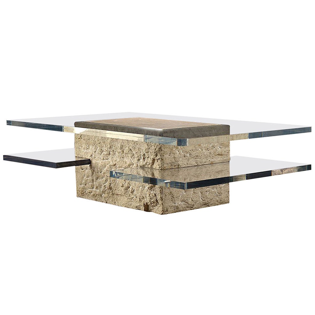 Two-Tiered Lucite and Travertine Coffee Table