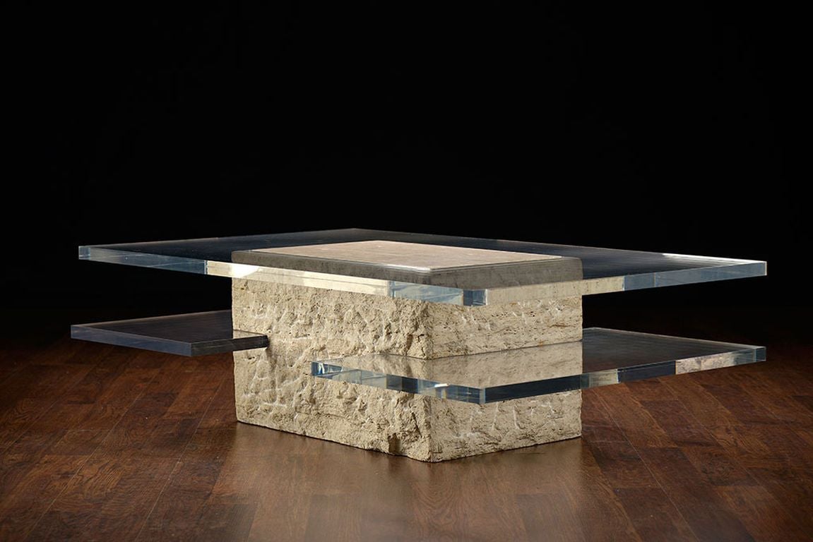 Two Tiered Lucite Coffee Table with Italian Rustic Travertine Base and Polished Travertine Inset Top