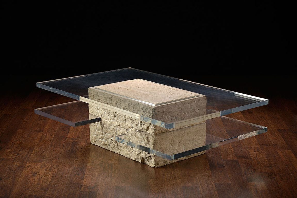 Two-Tiered Lucite and Travertine Coffee Table In Excellent Condition In New York, NY