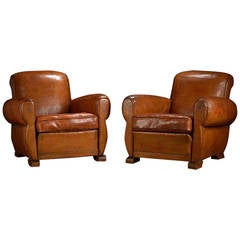 Antique French Leather Deco Club Chairs