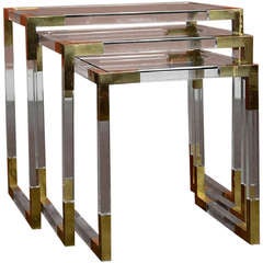 Vintage French Set Acrylic and Brass Nesting Tables