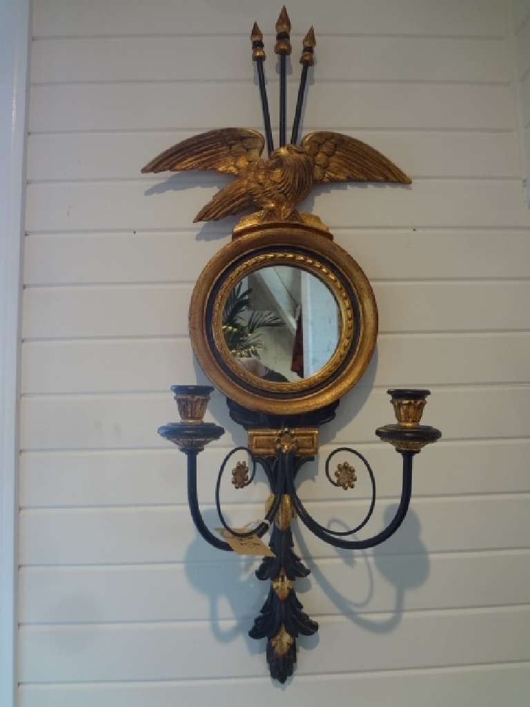 Mid-20th Century Vintage Pair of Italian Gold and Black Eagle Mirror Sconces