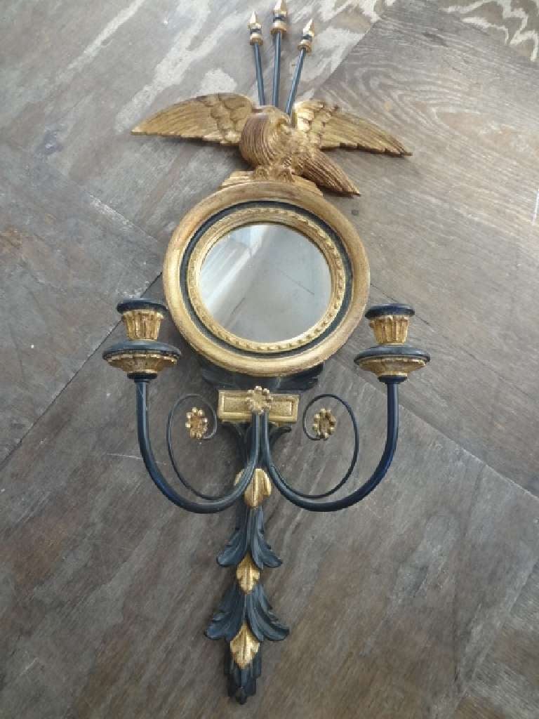 Wood Vintage Pair of Italian Gold and Black Eagle Mirror Sconces