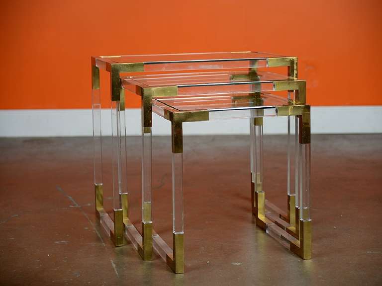 Vintage French Set of 3 Acrylic and Brass Nesting Tables