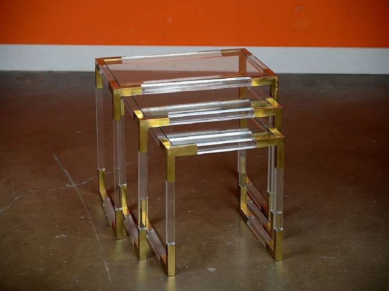20th Century Vintage French Set Acrylic and Brass Nesting Tables