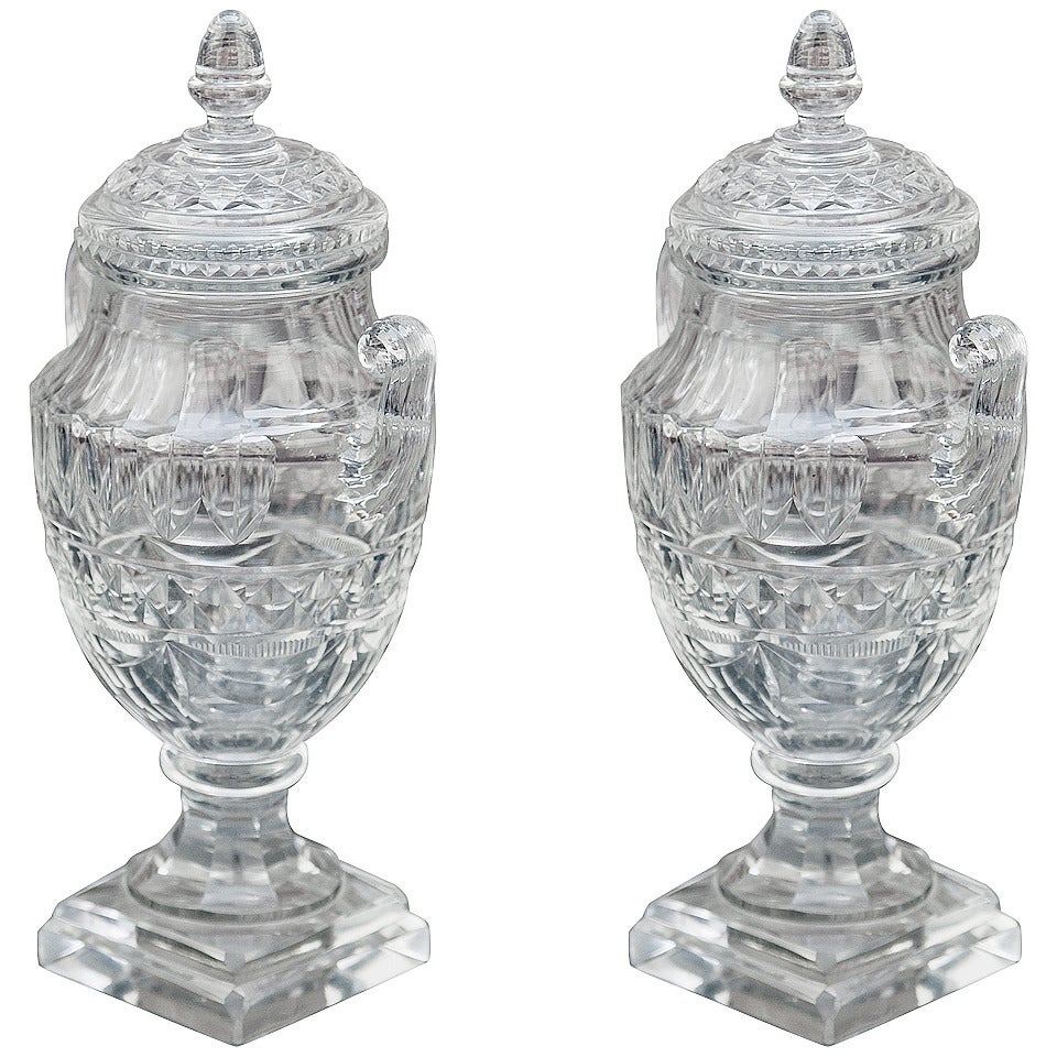 Pair of Crystal Anglo-Irish Covered Sweetmeat Urn Form Jars For Sale