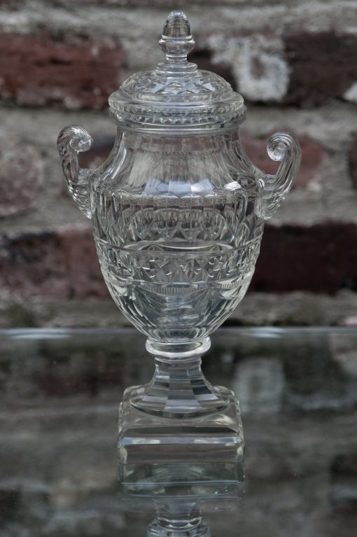 19th Century Pair of Crystal Anglo-Irish Covered Sweetmeat Urn Form Jars For Sale