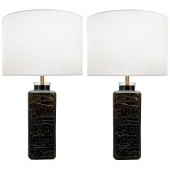 Pair of Swedish Graphic Patterned Glass Lamps