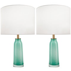 Pair of Nils Landberg for Orrefors Jade Green Glass Lamps