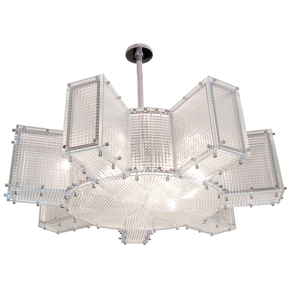 Hypoid Glass and Polished Nickel Chandelier For Sale