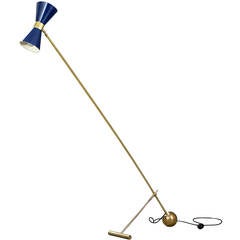 Italian Brass Floor Lamp with Blue Enameled Shade