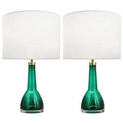 Pair of Carl Fagerlund for Orrefors Green Glass Lamps