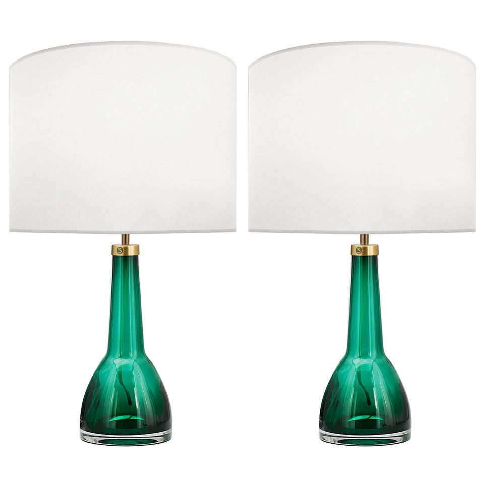 Pair of Carl Fagerlund for Orrefors Green Glass Lamps For Sale