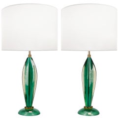 Vintage Pair of Seguso Green Glass Lamps