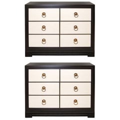 Pair of John Stuart Three-Drawer Ebonzed Mahogany and Parchment Dressers