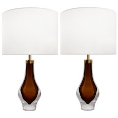 Pair of Kosta Cognac and Clear Glass Lamps