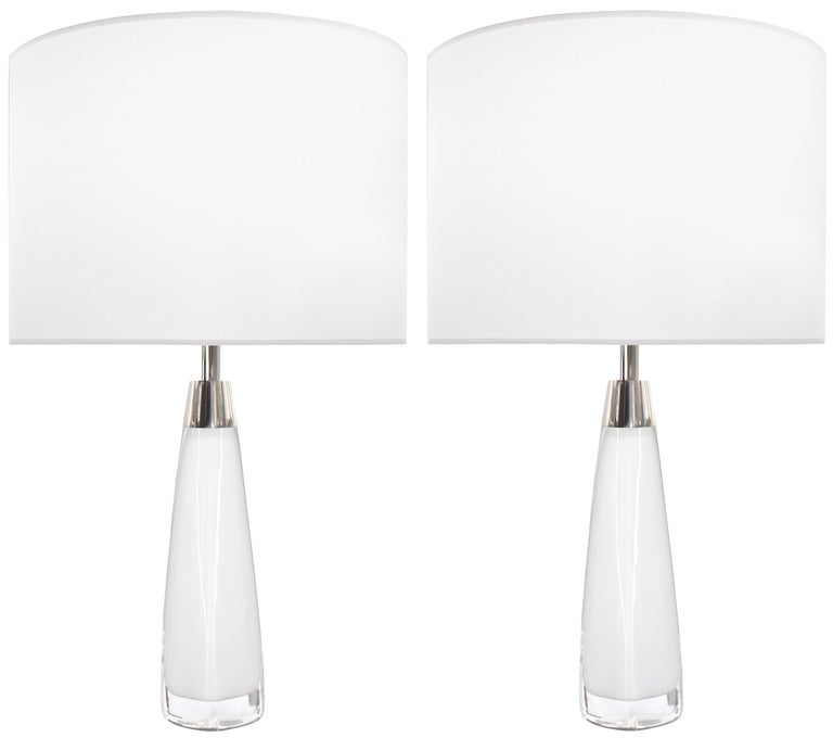 Pair of Nils Landberg for Orrefors White Glass Lamps