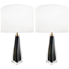 Pair of Nils Landberg for Orrefors Black and Clear Glass Lamps