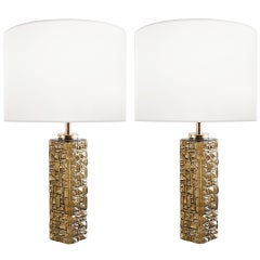 Pair of Swedish Textured Bronze Glass Lamps