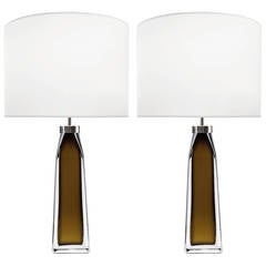 Pair of Nils Landberg for Orrefors Topaz and Clear Glass Lamps