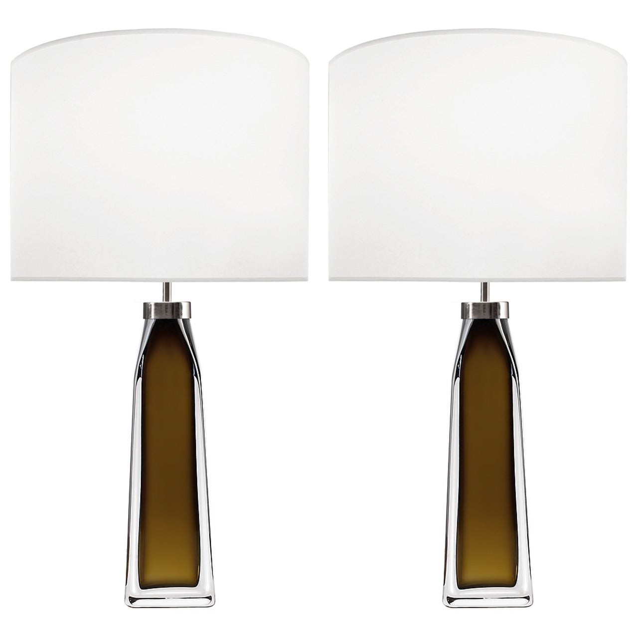 Pair of Nils Landberg for Orrefors Topaz and Clear Glass Lamps