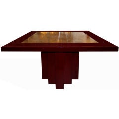 Retro Signed George Mathias Etched Bronze Deep Red Lacquered Table