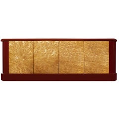 Signed George Mathias Etched Bronze Deep Red Lacquered Credenza