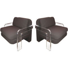 Pair of Vladimir Kagan Upholstered Club Chairs with Lucite Arms