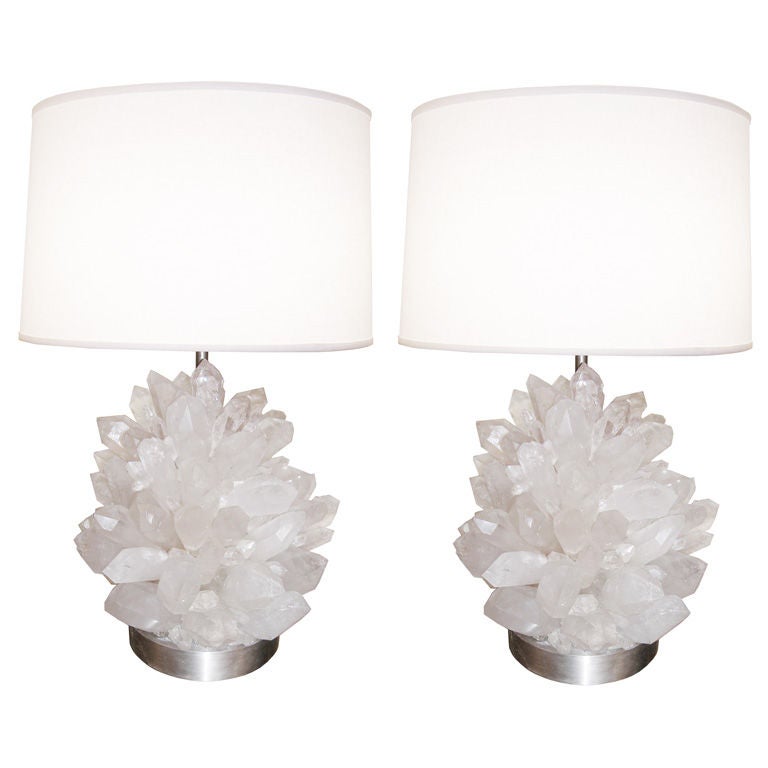 Pair of rock crystal lamps with nickel bases and hardware by Craig Van Den Brulle.

Shades are not include.






