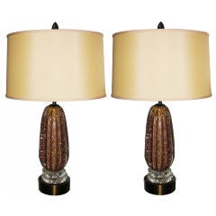 Pair of Barovier Fluted Plum Mauve Glass Lamps