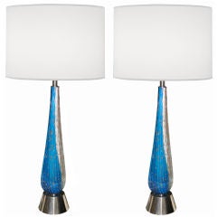 Pair of Barovier Blue 
White Fluted Glass Lamps