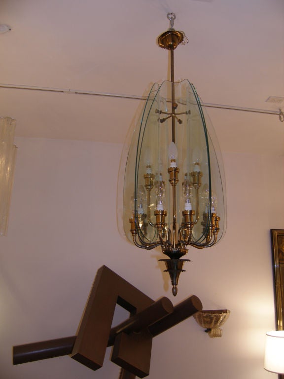Italian Pietro Chiesa for Fontana Arte Glass and Brass Chandelier For Sale
