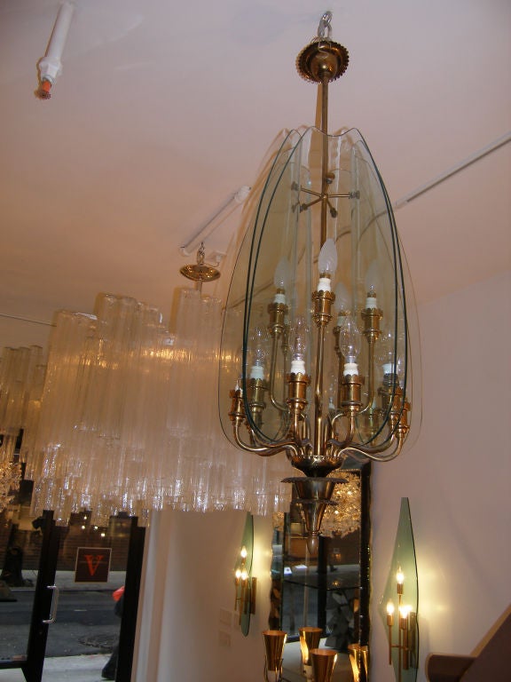 Pietro Chiesa for Fontana Arte Glass and Brass Chandelier In Excellent Condition For Sale In New York, NY