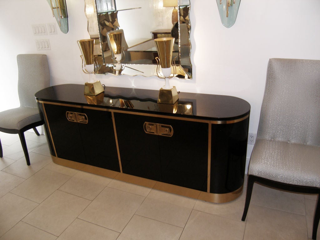 Mastercraft Oval Black Lacquer and Brass Credenza