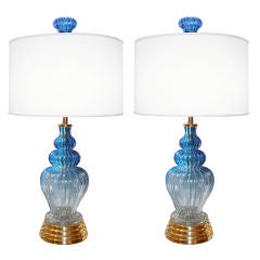 Pair of Barovier Blue Fluted Glass Lamps