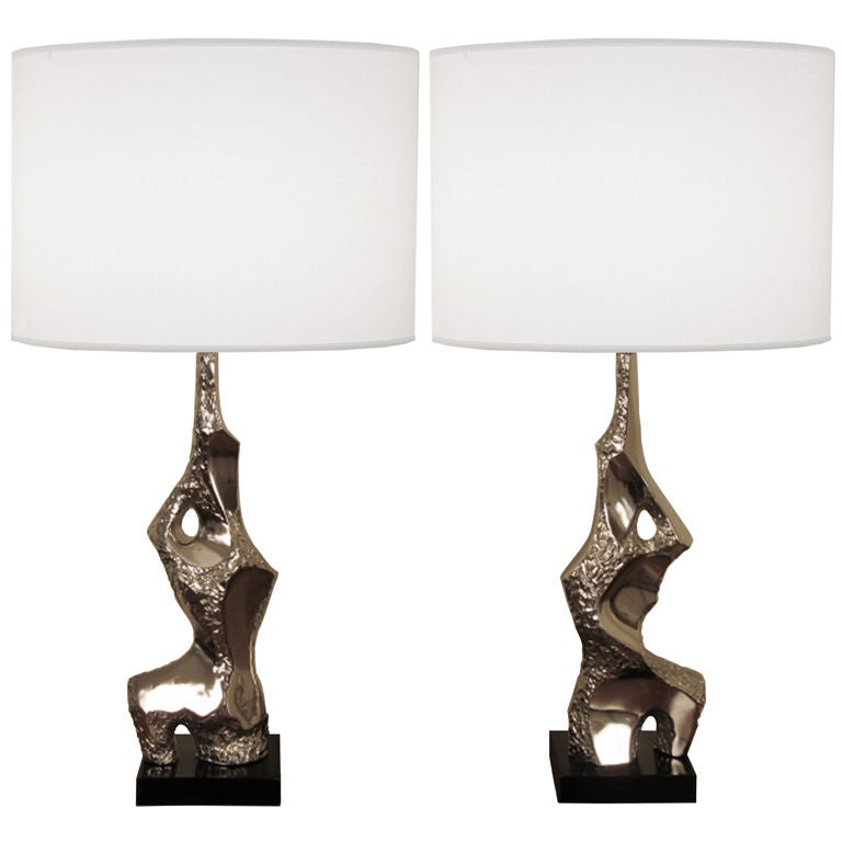 Pair of Frederick Weinberg Sculptural Nickel Lamps