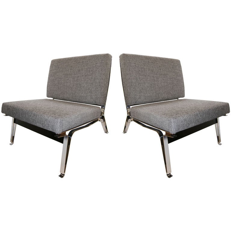 Pair of Ico Parisi Steel and Walnut Slipper Chairs For Sale