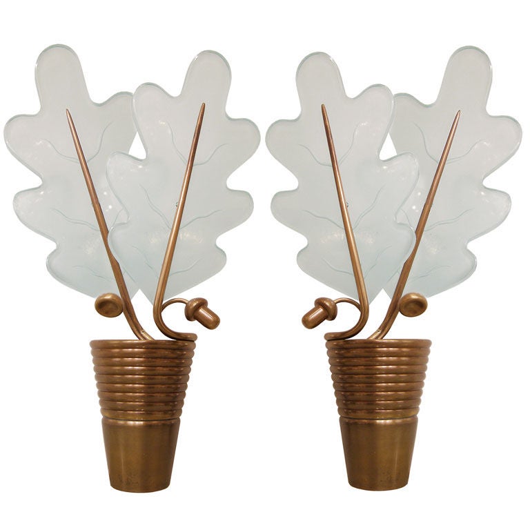 Pair of French Bronze Acorn and Glass Oak Leaf Sconces For Sale