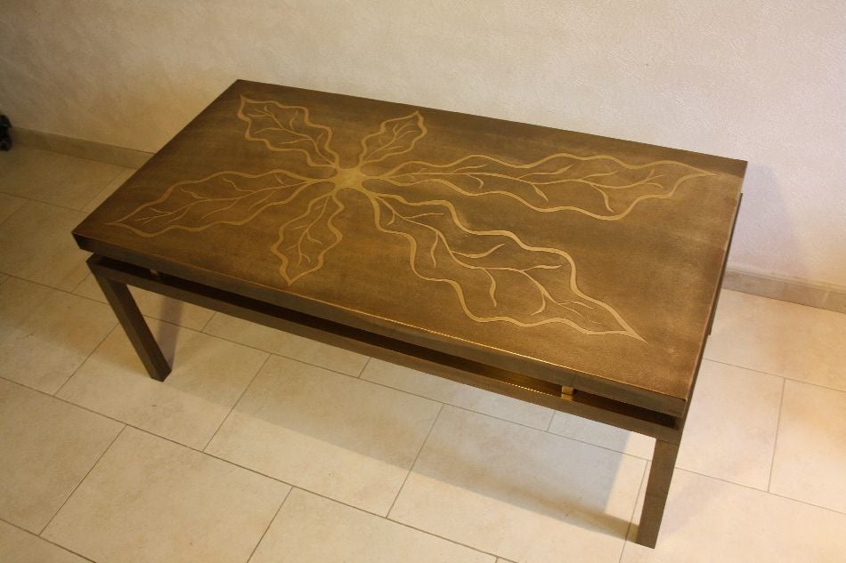 Signed Willy Daro Etched Bronze Coffee Table In Excellent Condition For Sale In New York, NY