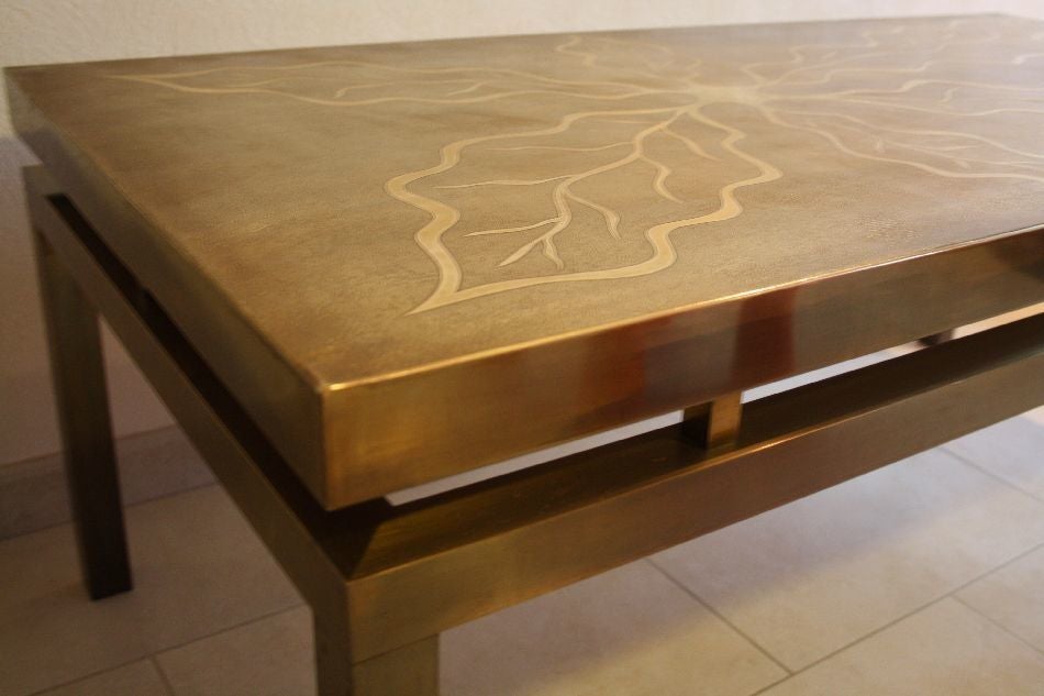 Signed Willy Daro Etched Bronze Coffee Table For Sale 1