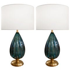 Pair of Barovier Prussian Blue Fluted Glass Lamps