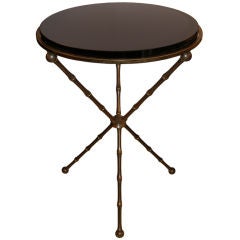 French Brass Bamboo Side Table with Black Glass Top