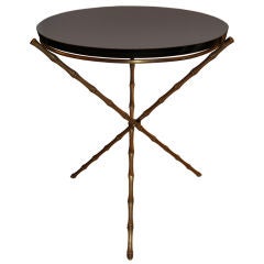 French Brass Bamboo Side Table with Black Glass Top