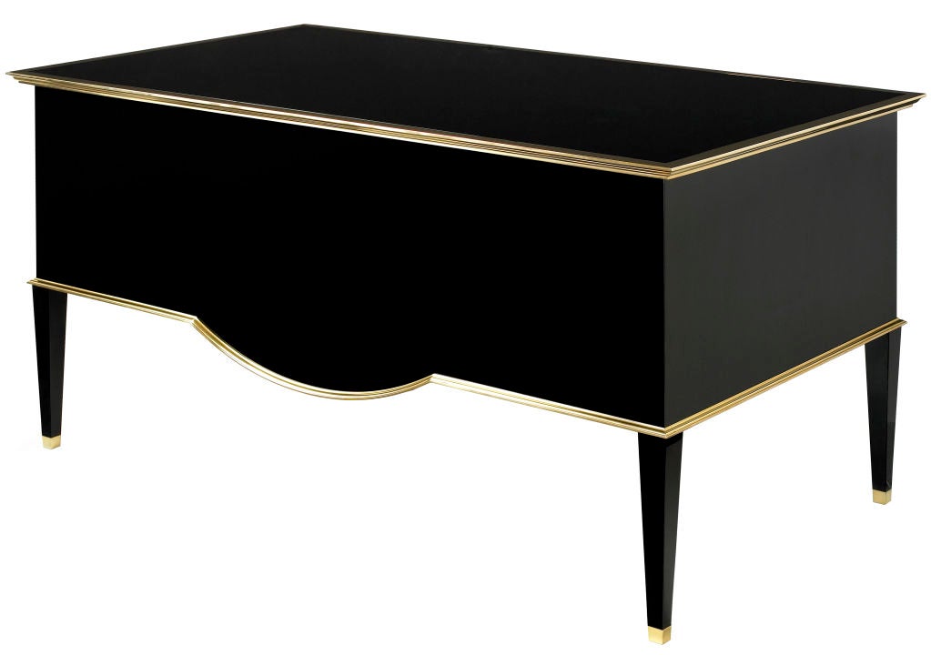 A five drawer black lacquered with solid brass molding, brass feet and keys.

In Stock.

Custom sizes.
Lead Time: 16 Weeks
Custom Finish. 
