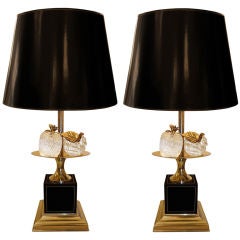 Pair of Maison Charles Brass & Black Enamel Lamps